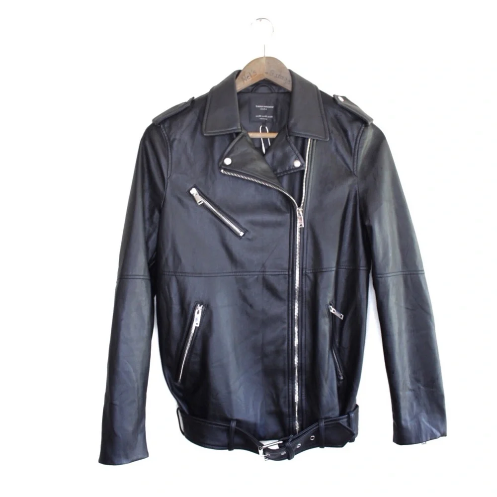 Zara Vegan Leather Edgy Moto Biker Jacket XS Girls Rule Slogan Bloggers Favorite - Picture 3 of 16